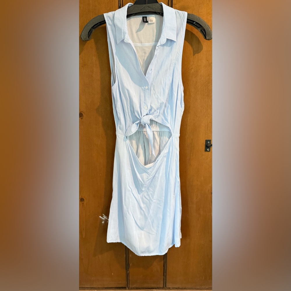 Blue Striped Sleeveless Dress with Tie Front